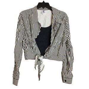 Vintage Maggie Lawrence Striped Tie Front Crop Shirt Layered Top Black White Siz